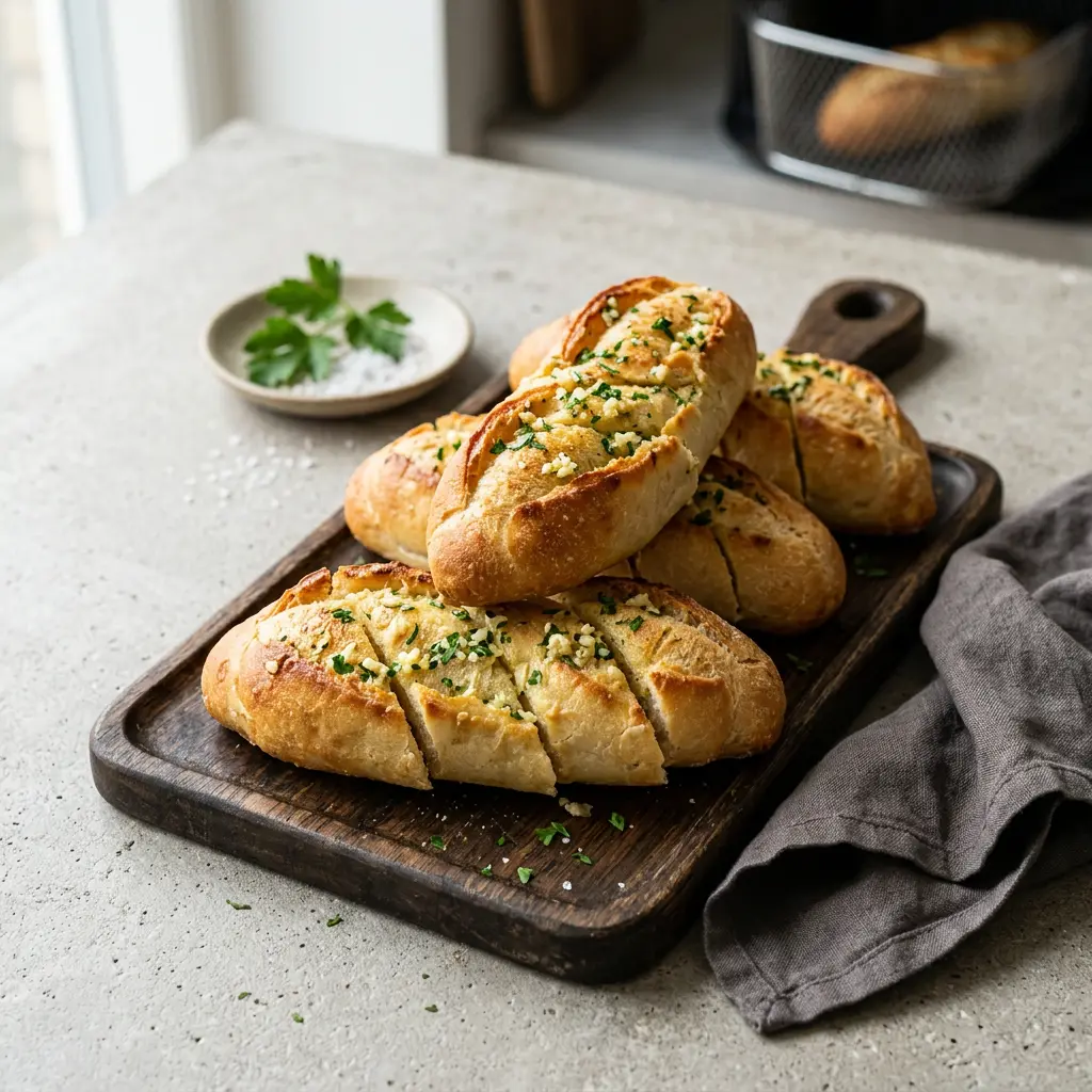Foto di Baguette all'aglio in friggitrice ad aria pronta dalla friggitrice ad aria