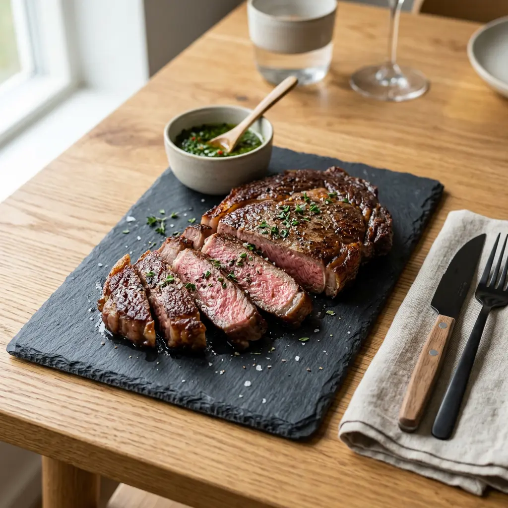 Foto di Bistecca ribeye in friggitrice ad aria pronta dalla friggitrice ad aria