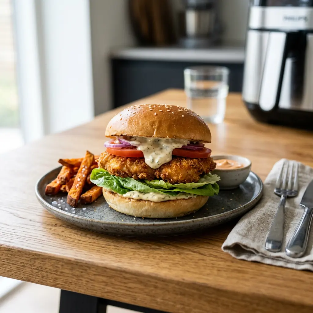 Foto di Burger di pollo in friggitrice ad aria pronta dalla friggitrice ad aria