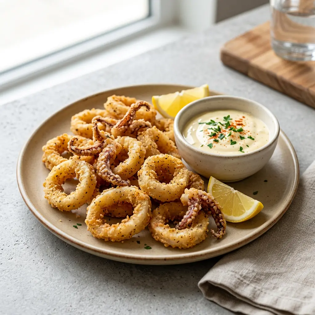 Foto di Calamari in friggitrice ad aria pronta dalla friggitrice ad aria