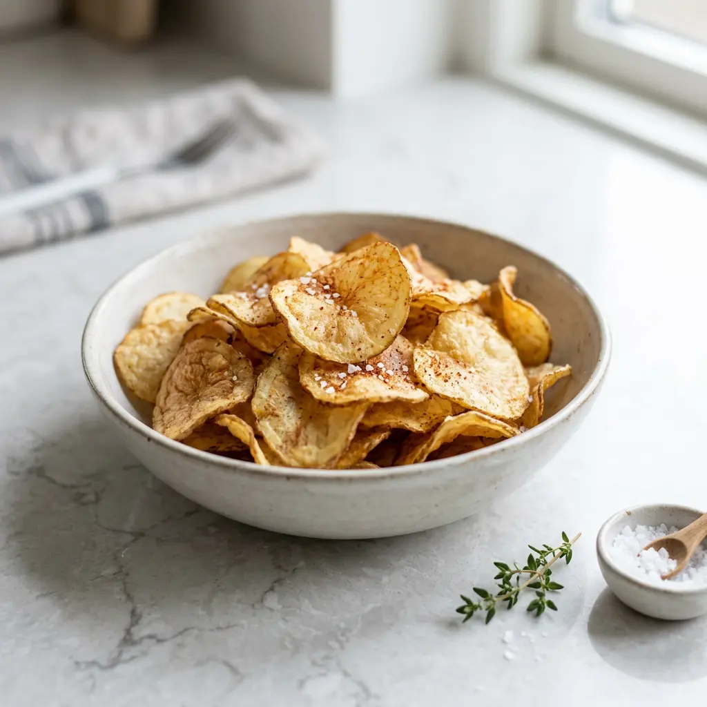 Foto di Chips da aperitivo in friggitrice ad aria pronta dalla friggitrice ad aria