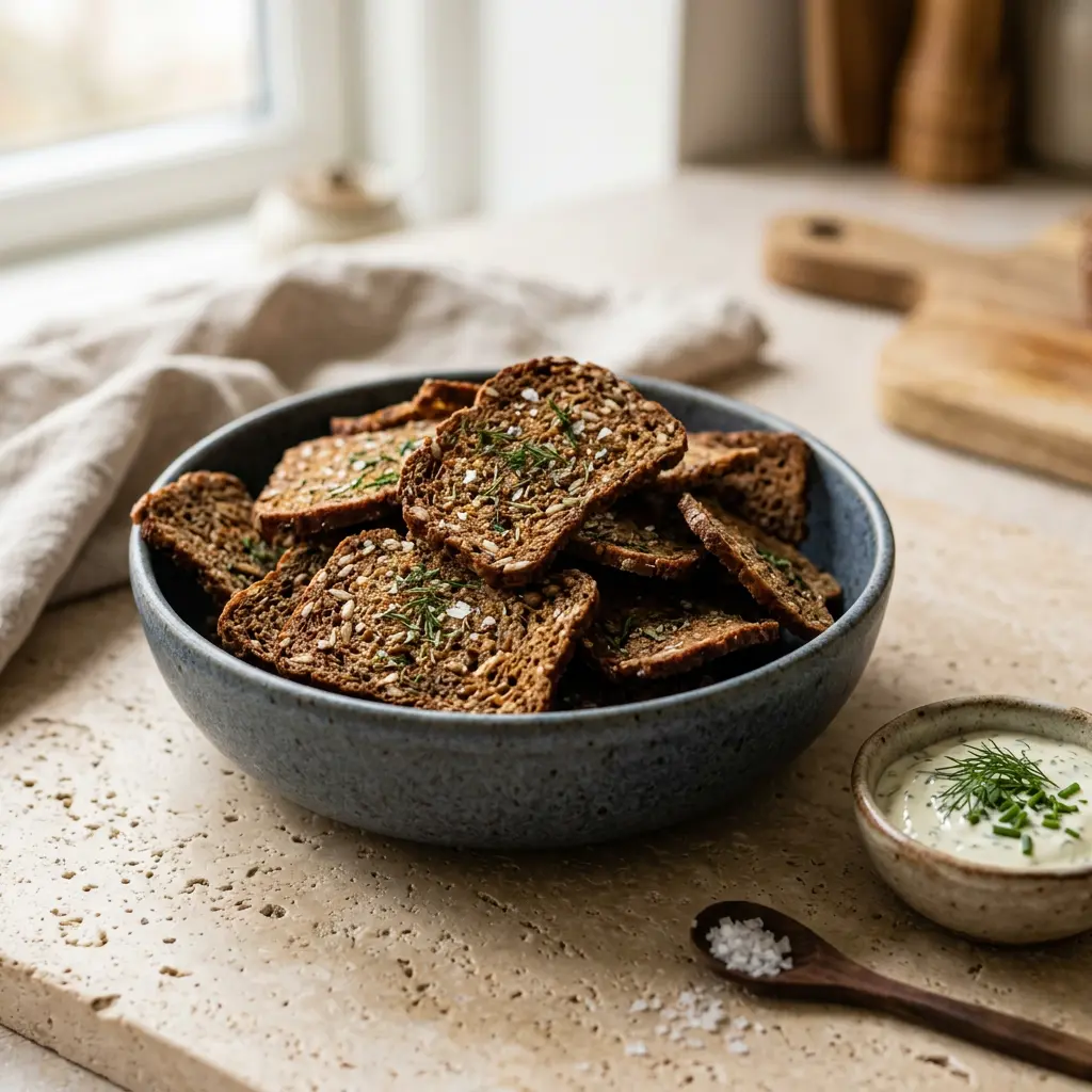 Foto di Chips di pane di segale in friggitrice ad aria pronta dalla friggitrice ad aria