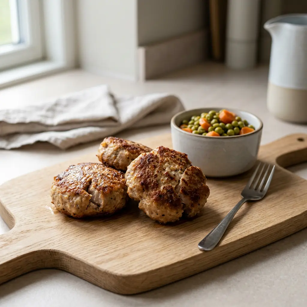 Foto di Cotolette di carne macinata di maiale in friggitrice ad aria pronta dalla friggitrice ad aria