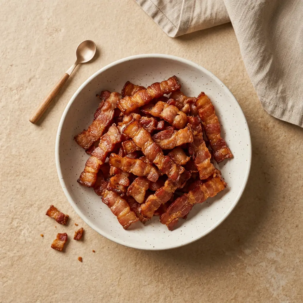 Foto di Cubetti di bacon in friggitrice ad aria pronta dalla friggitrice ad aria