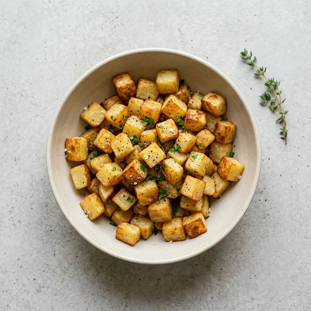 Foto di Cubetti di patate in friggitrice ad aria pronta dalla friggitrice ad aria