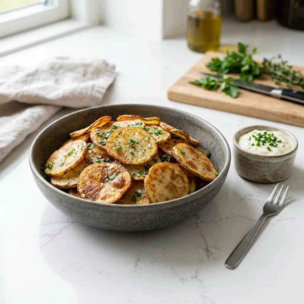 Foto di Fette di patate in friggitrice ad aria pronta dalla friggitrice ad aria
