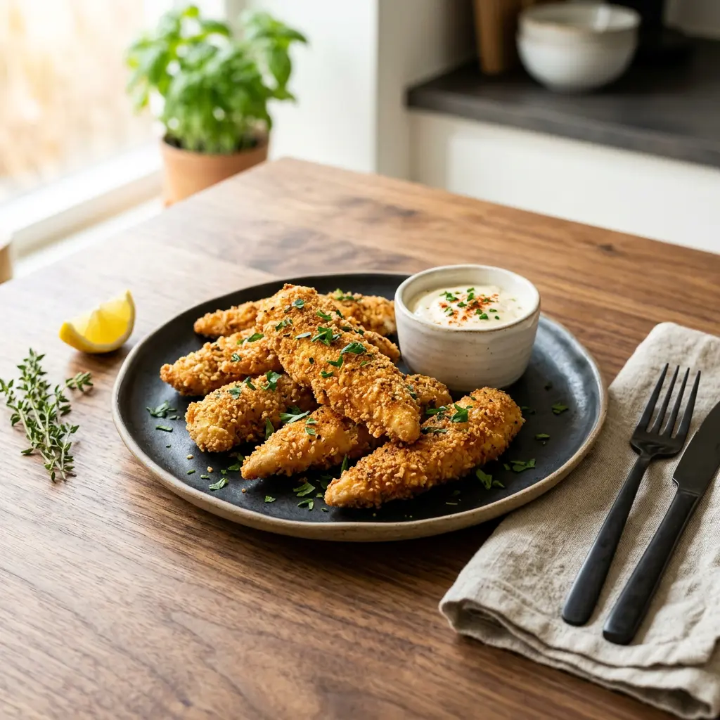 Foto di Filetti interni di pollo in friggitrice ad aria pronta dalla friggitrice ad aria