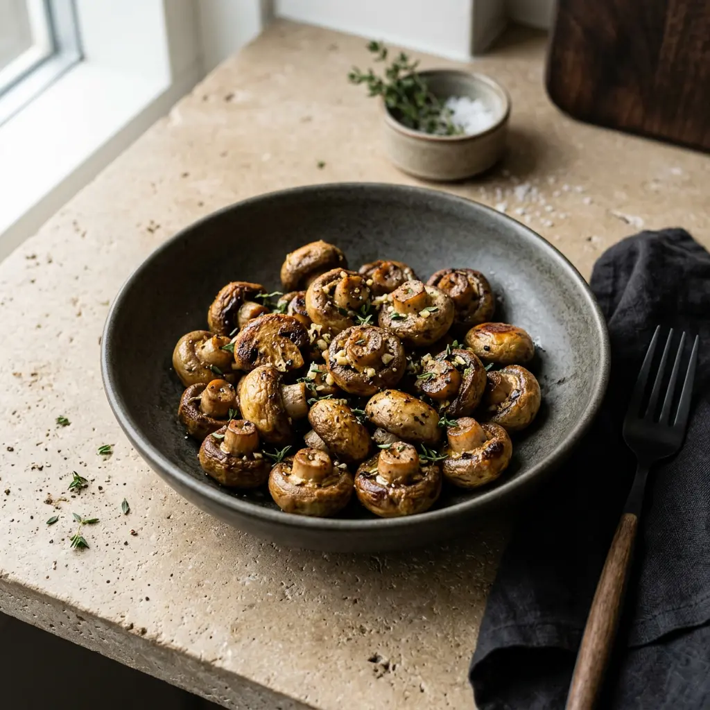 Foto di Funghi champignon in friggitrice ad aria pronta dalla friggitrice ad aria