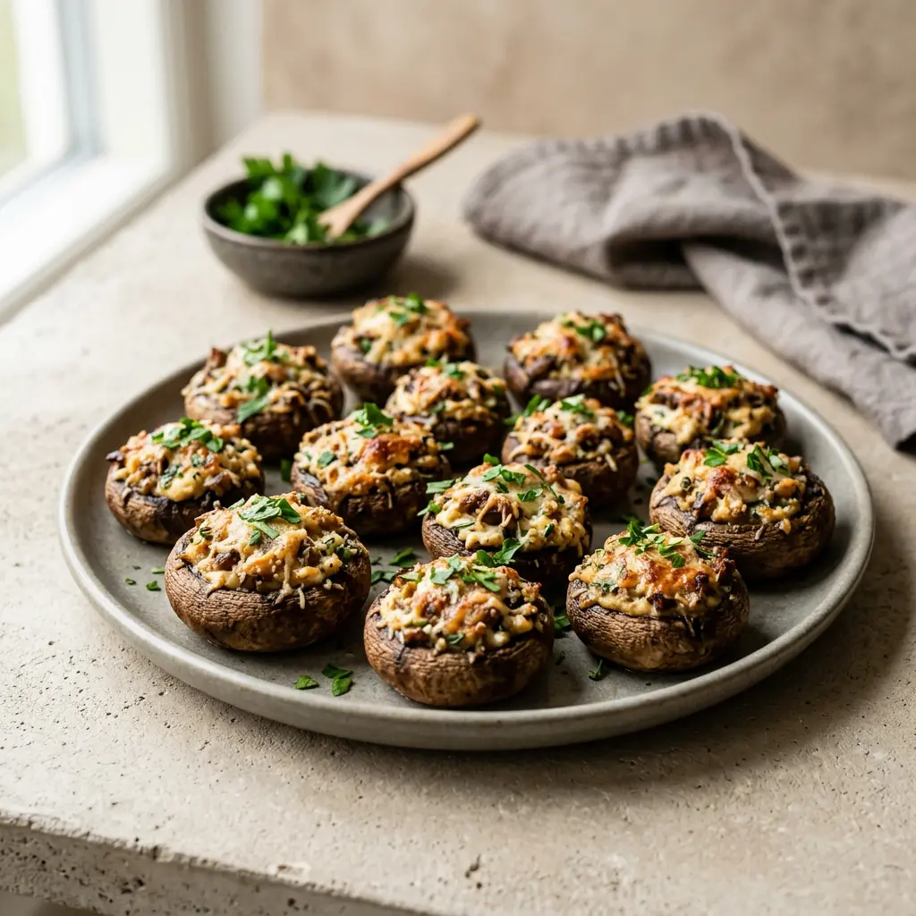 Foto di Funghi champignon ripieni in friggitrice ad aria pronta dalla friggitrice ad aria