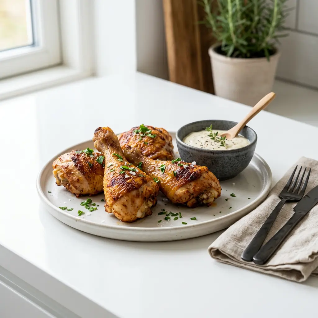 Foto di Fusi di pollo in friggitrice ad aria pronta dalla friggitrice ad aria