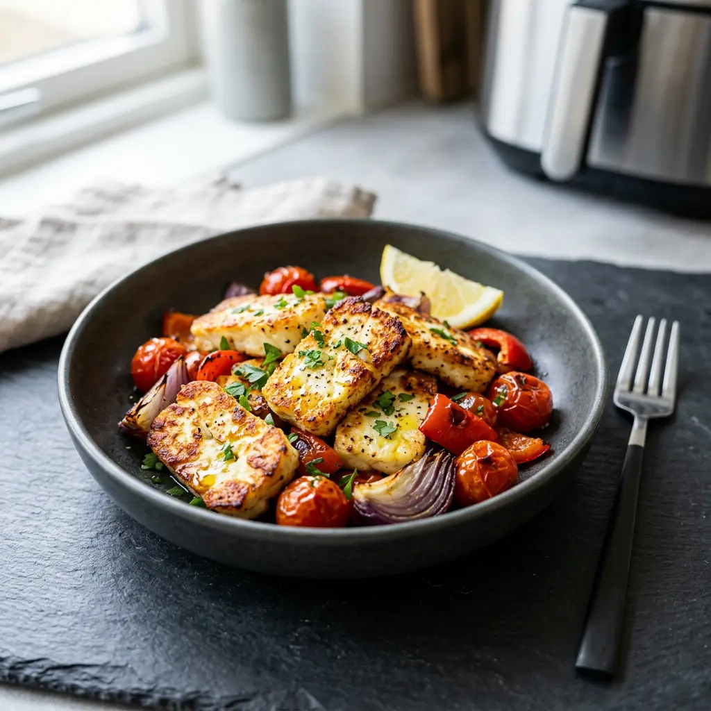 Foto di Halloumi in friggitrice ad aria pronta dalla friggitrice ad aria