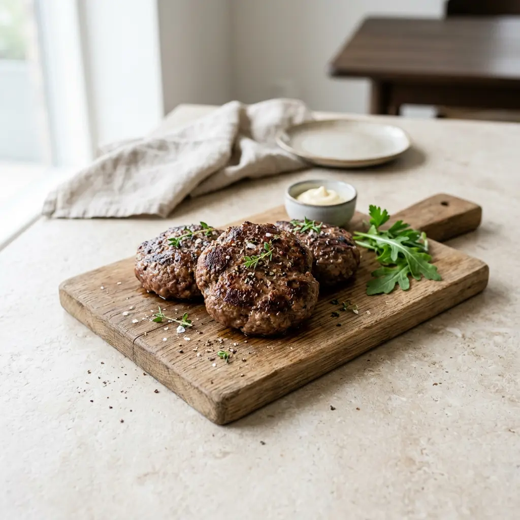 Foto di Hamburger di manzo in friggitrice ad aria pronta dalla friggitrice ad aria