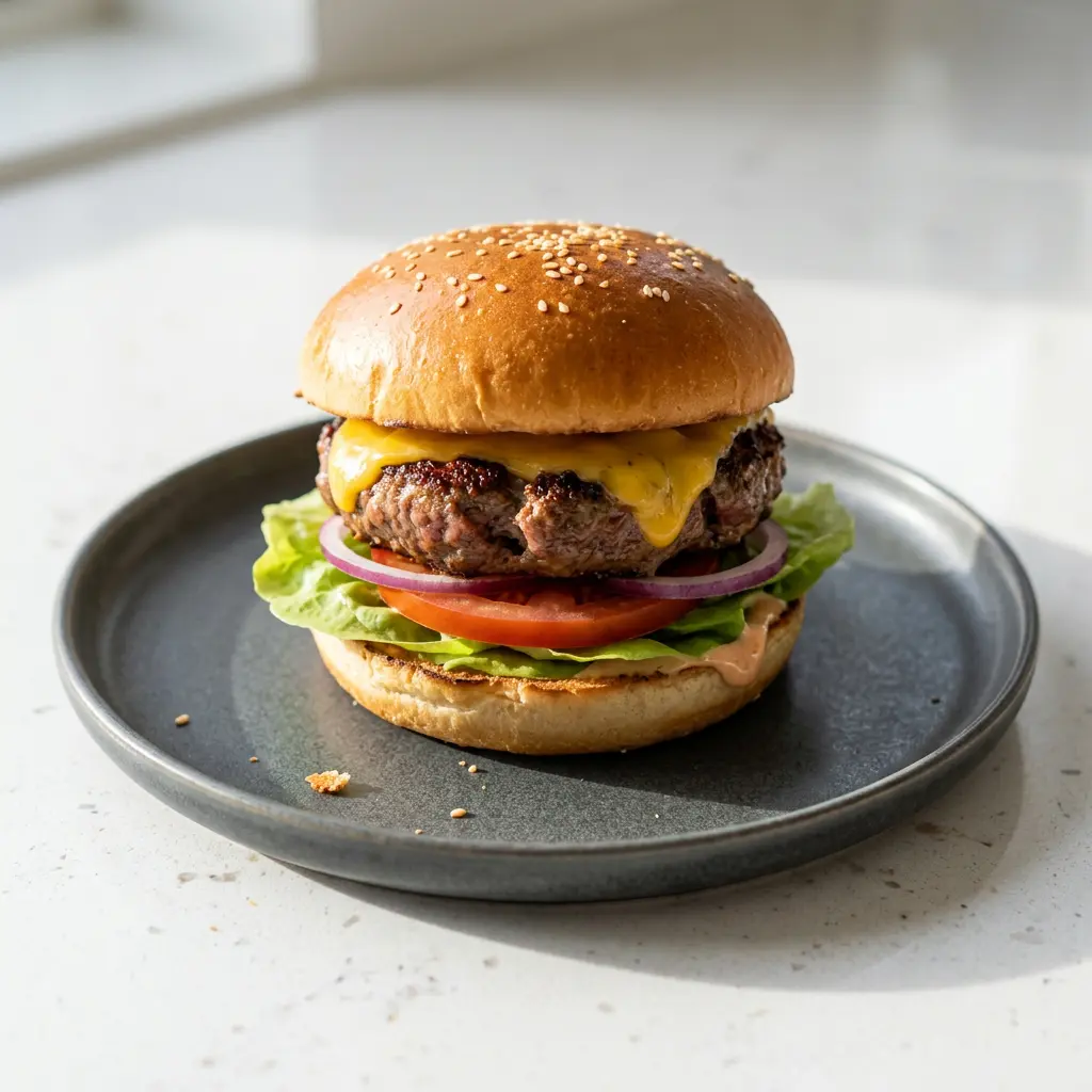 Foto di Hamburger in friggitrice ad aria pronta dalla friggitrice ad aria
