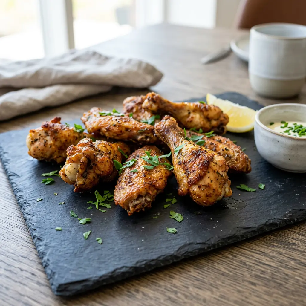 Foto di Pezzi di pollo in friggitrice ad aria pronta dalla friggitrice ad aria