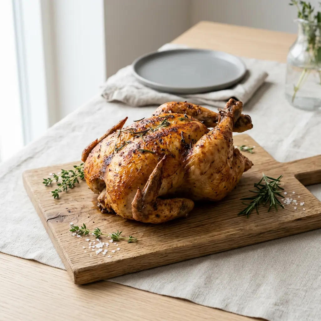 Foto di Pollo intero in friggitrice ad aria pronta dalla friggitrice ad aria