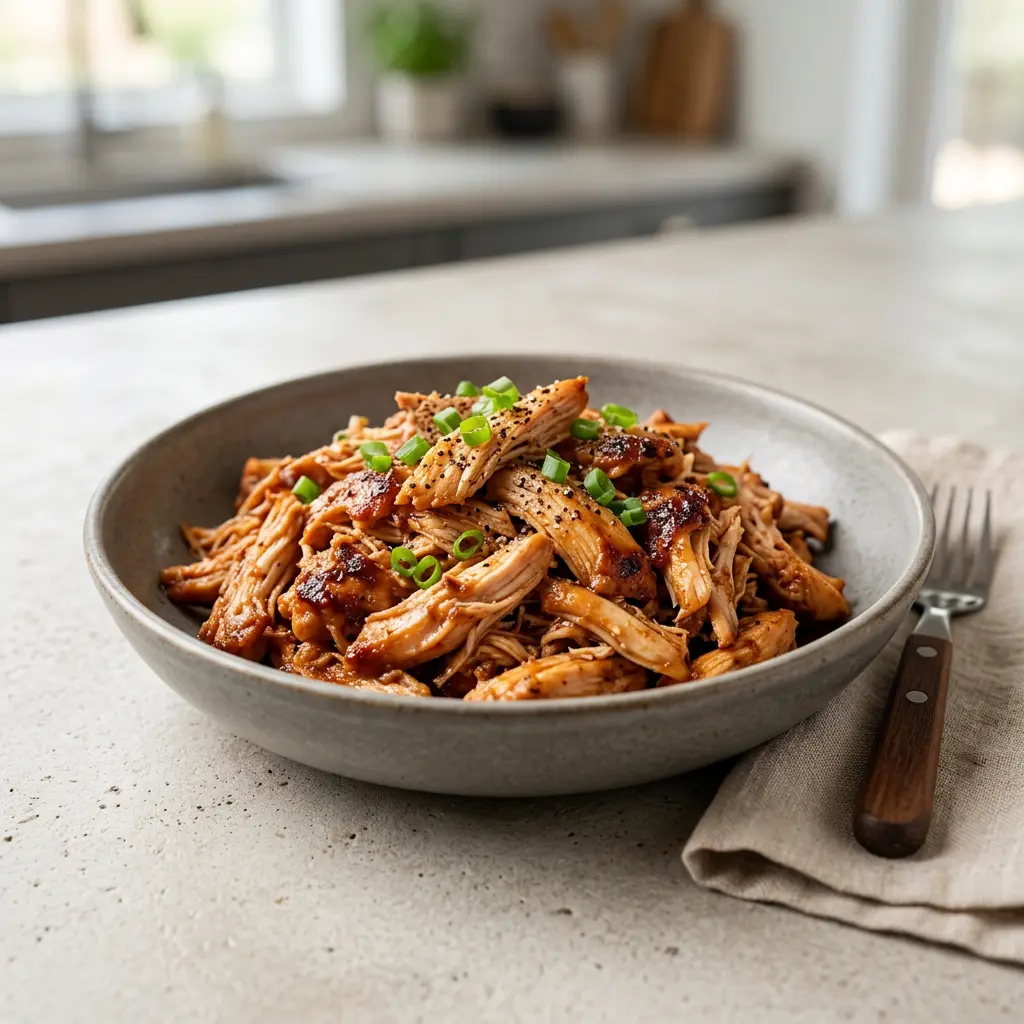 Foto di Pollo sfilacciato in friggitrice ad aria pronta dalla friggitrice ad aria
