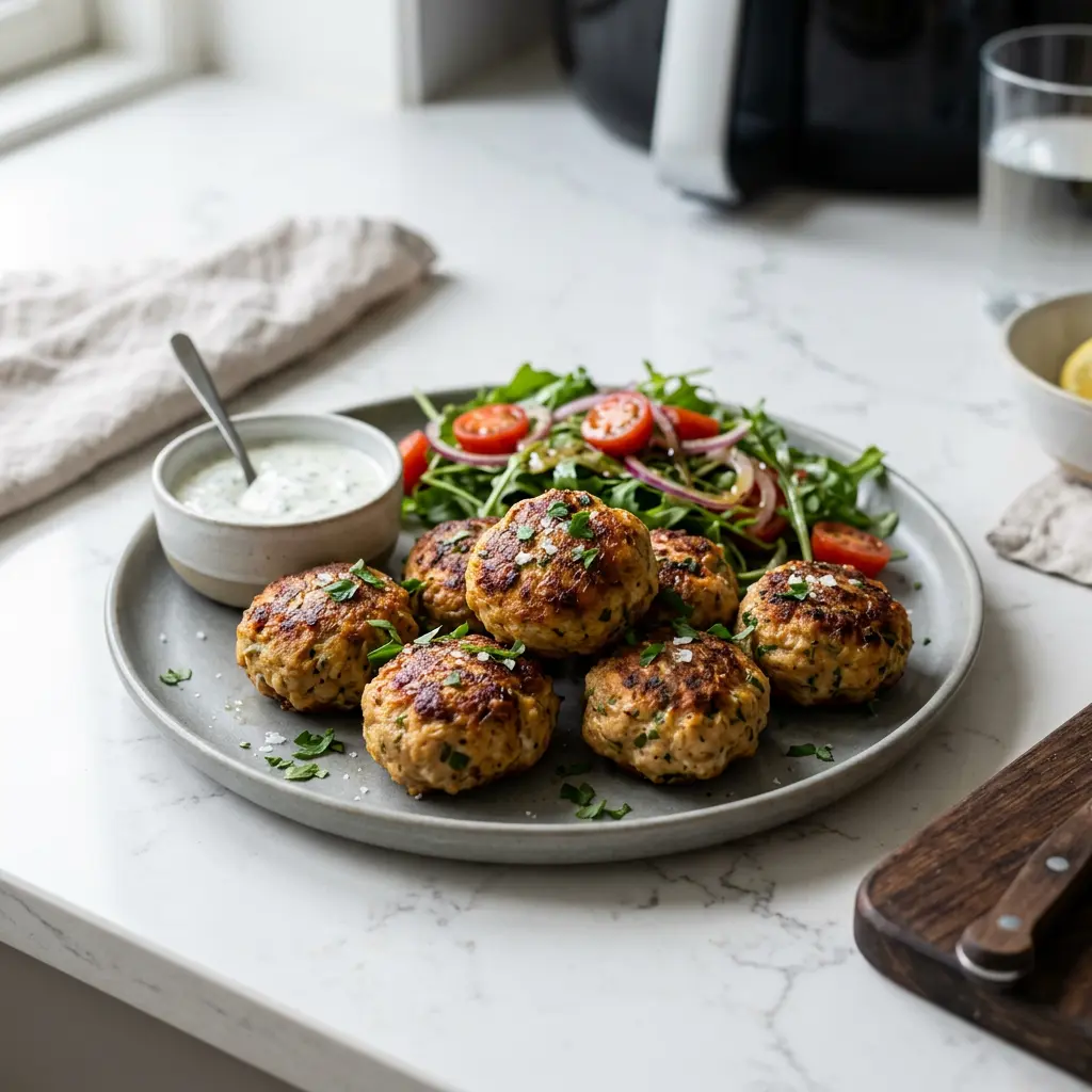 Foto di Polpette di pollo in friggitrice ad aria pronta dalla friggitrice ad aria