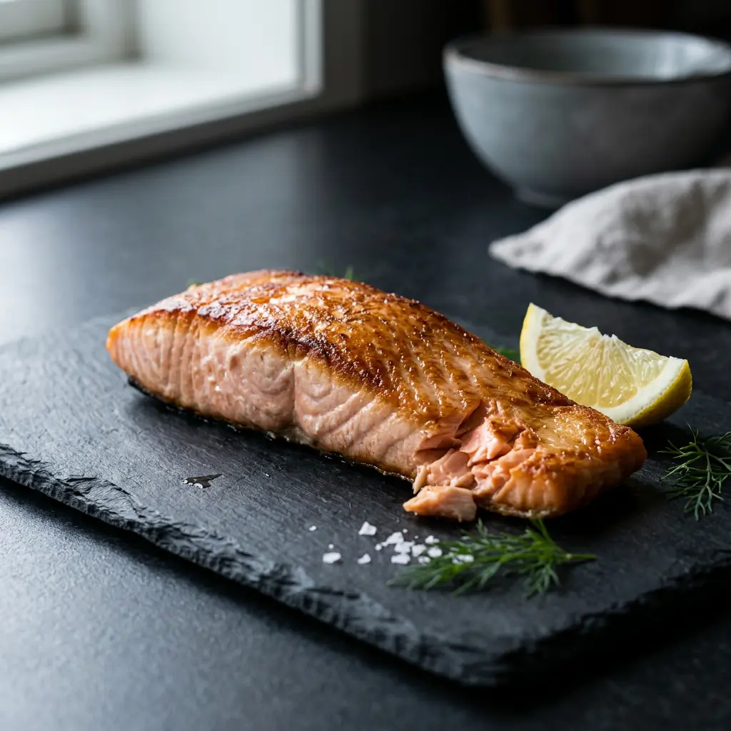 Foto di Salmone surgelato in friggitrice ad aria pronta dalla friggitrice ad aria