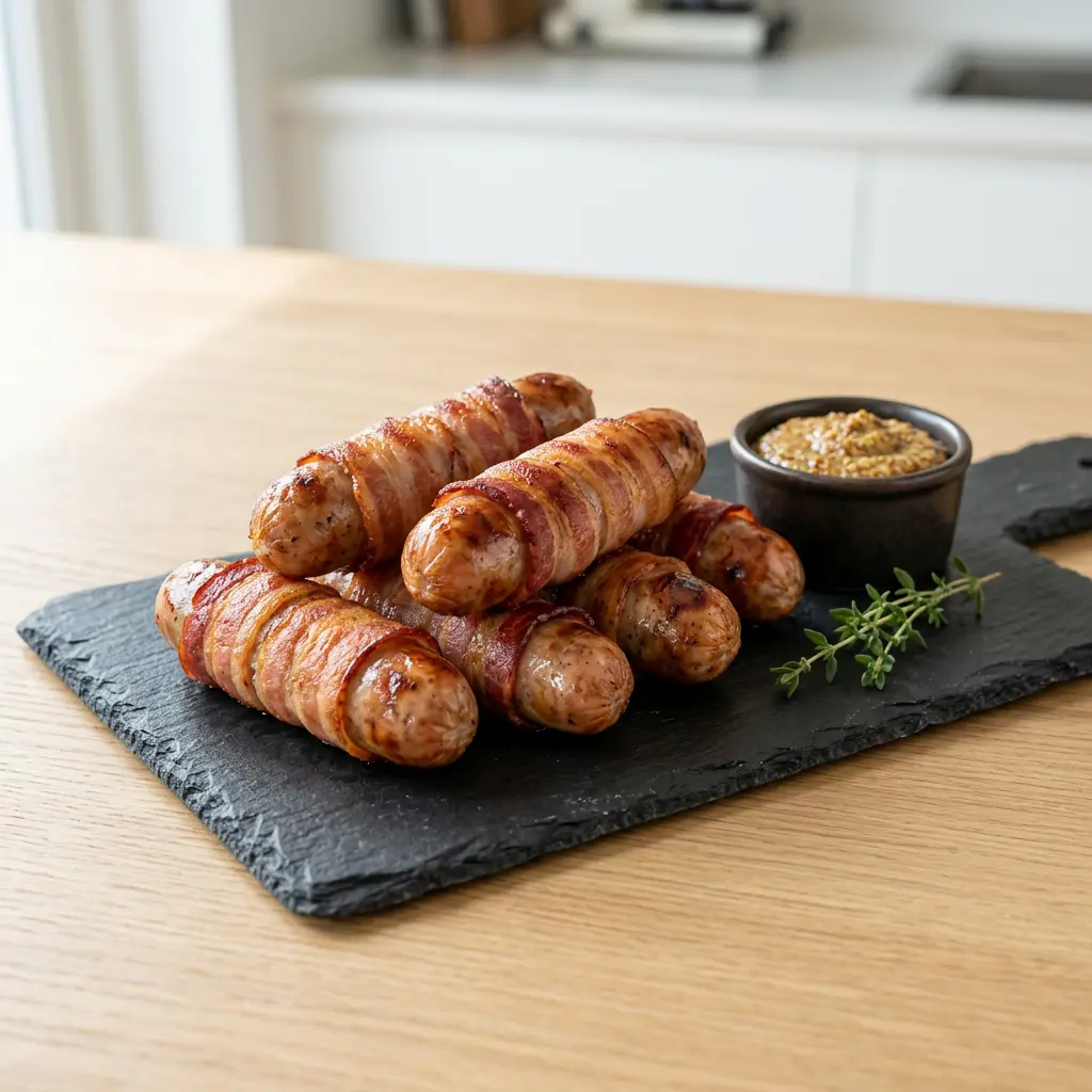 Foto di Salsicce avvolte nel bacon in friggitrice ad aria pronta dalla friggitrice ad aria