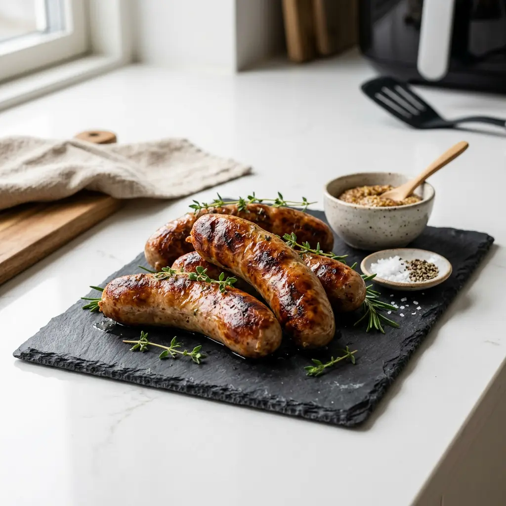 Foto di Salsiccia natalizia danese in friggitrice ad aria pronta dalla friggitrice ad aria