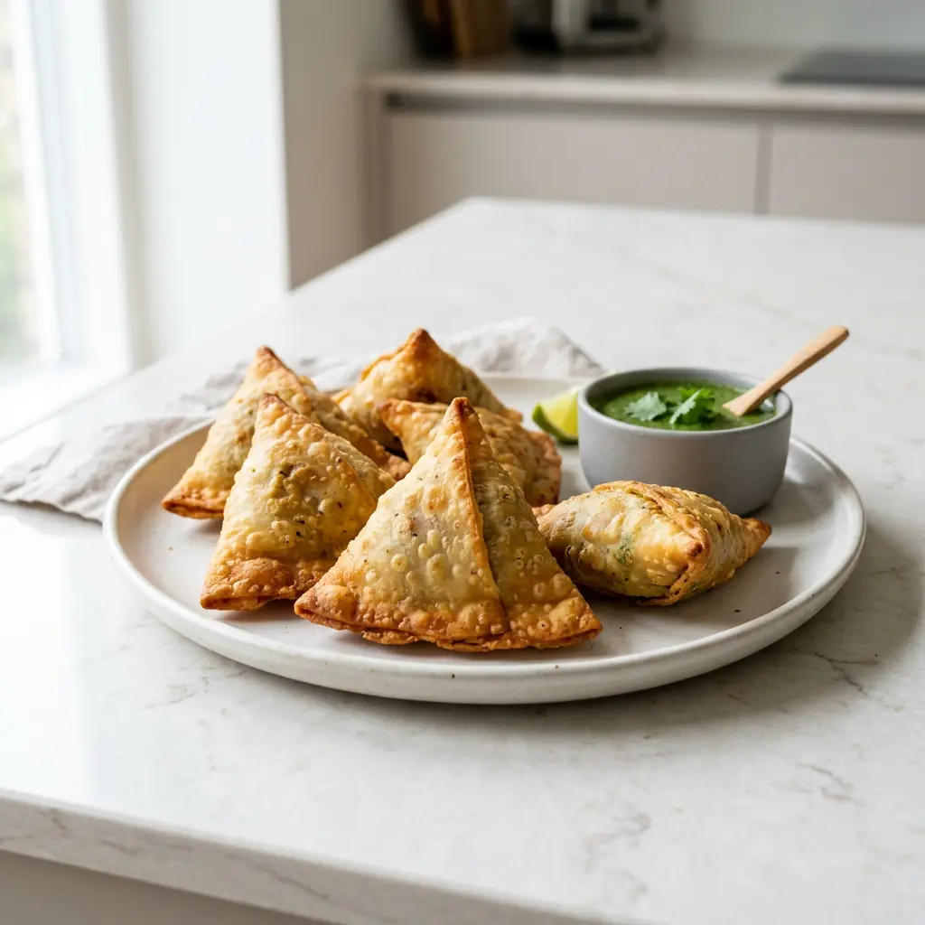 Foto di Samosa in friggitrice ad aria pronta dalla friggitrice ad aria