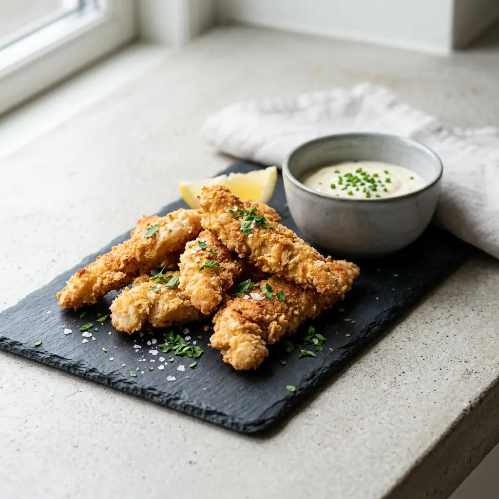 Foto di Straccetti di pollo in friggitrice ad aria pronta dalla friggitrice ad aria