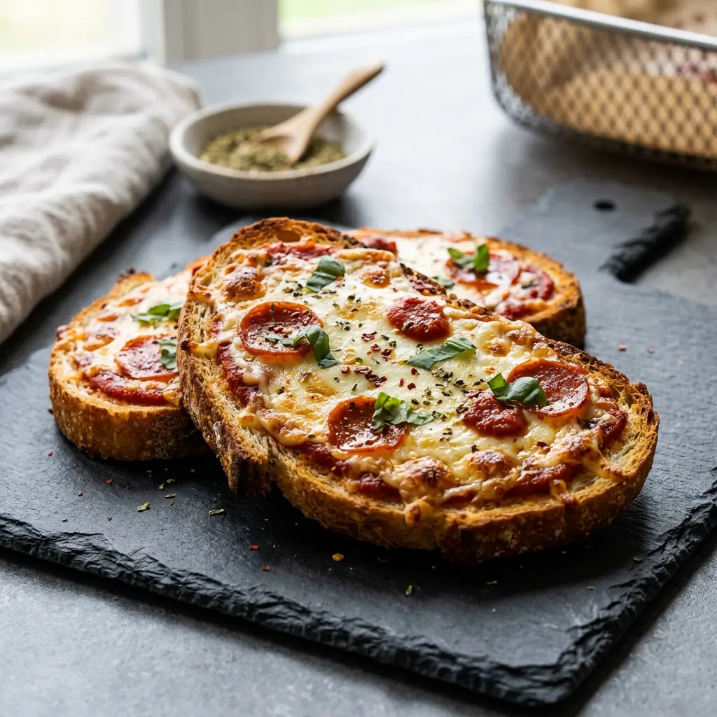 Foto di Toast alla pizza in friggitrice ad aria pronta dalla friggitrice ad aria