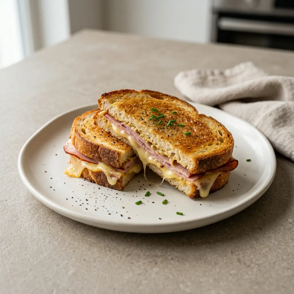 Foto di Toast con prosciutto e formaggio in friggitrice ad aria pronta dalla friggitrice ad aria
