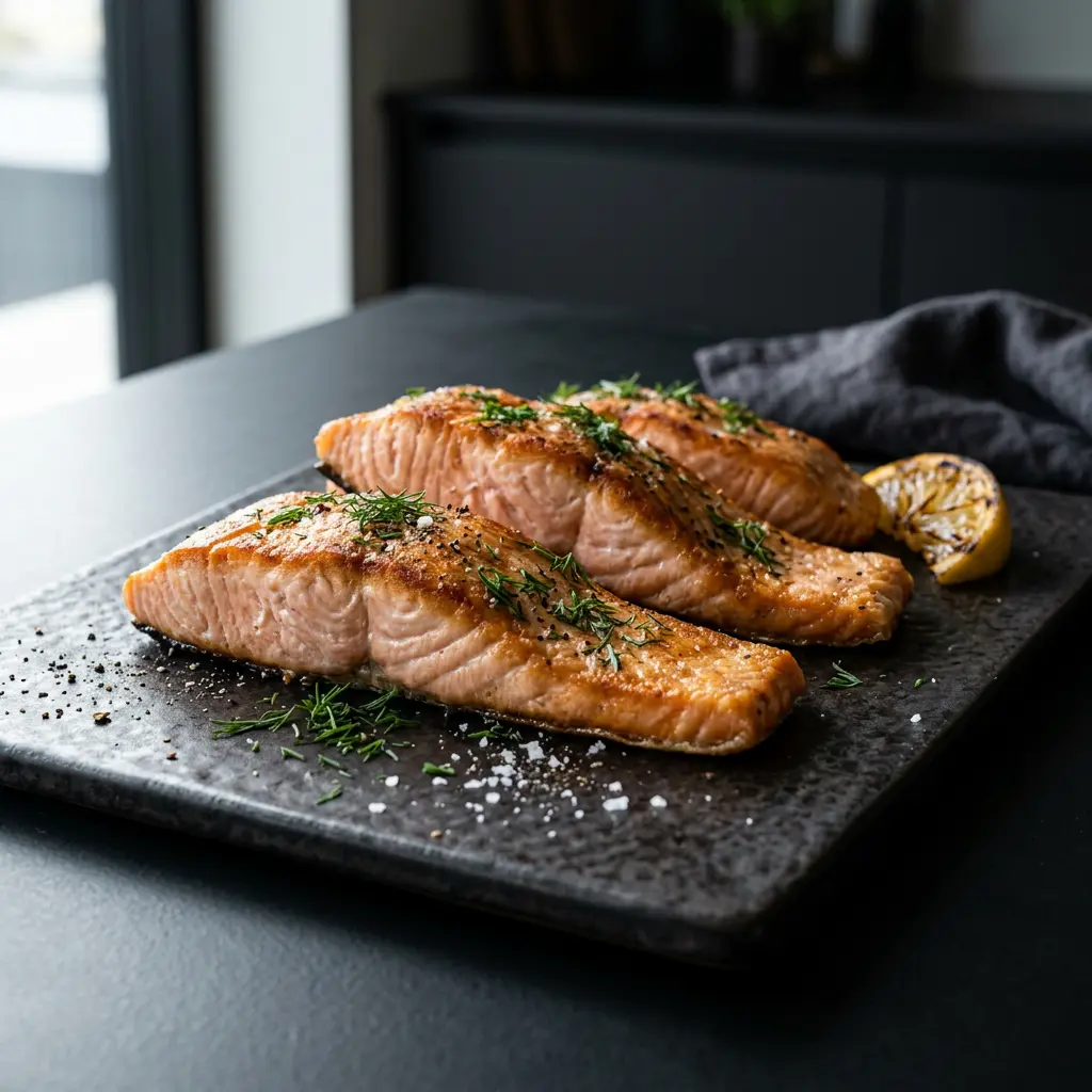 Foto di Tranci di salmone in friggitrice ad aria pronta dalla friggitrice ad aria
