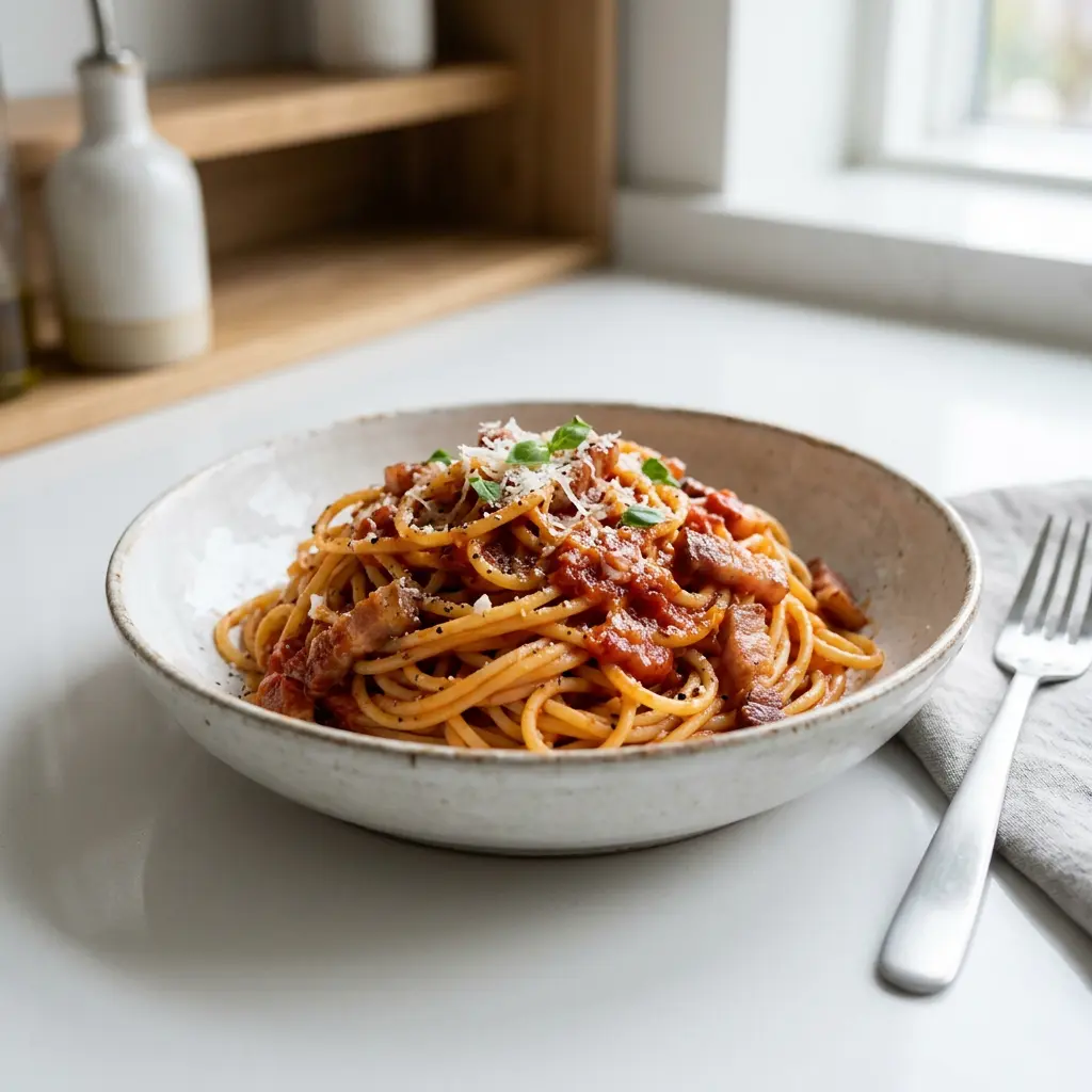 Foto di Pasta all'amatriciana pronto da servire
